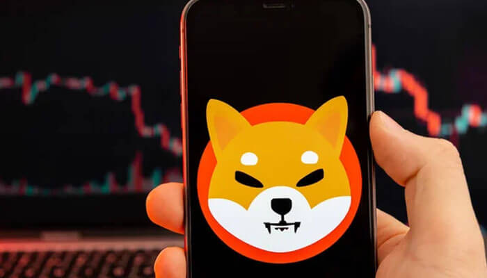Shiba Inu coin logo on a phone screen, with a focus on Shiba Inu coin price prediction and market trends.