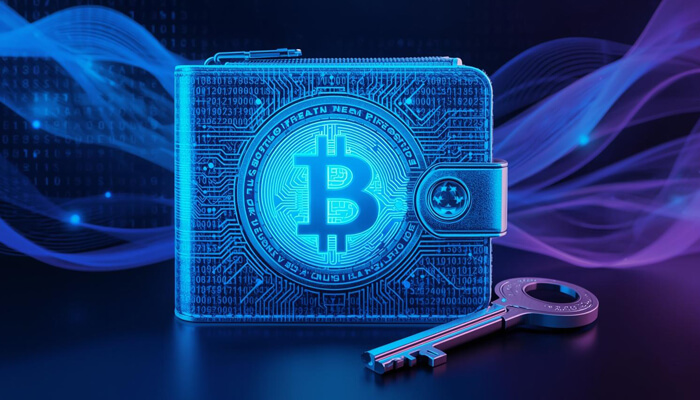 A digital Bitcoin wallet with a key, representing the concept of crypto wallet recovery to restore lost or forgotten keys.
