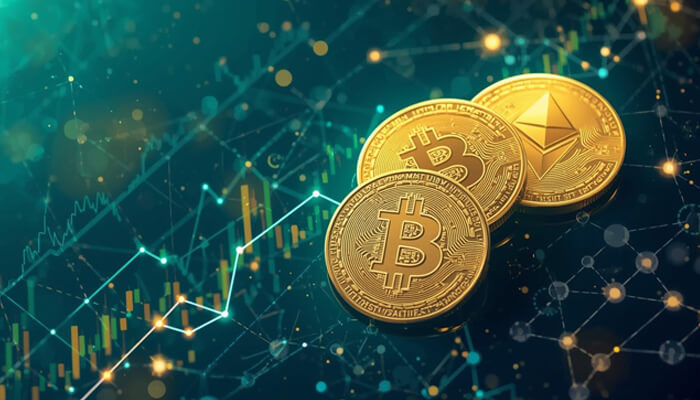 Bitcoin and Ethereum coins with a rising digital chart illustrating cryptocurrency for investment and market growth.