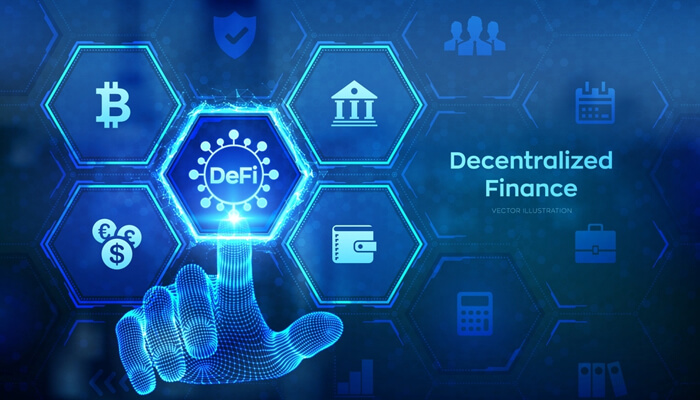 defi 1 - Incryptocoin Metaverse Coins powering decentralized finance systems, showing DeFi blockchain networks, digital wallets, and secure virtual financial transactions