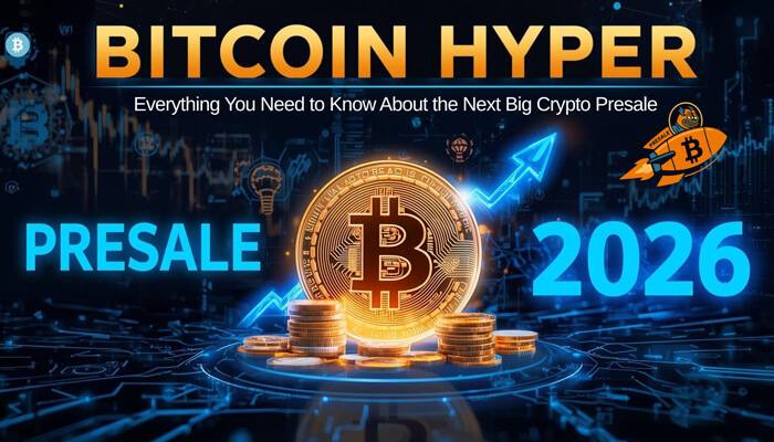 Digital graphic featuring the Bitcoin Hyper logo, with a large Bitcoin coin and upward arrows, promoting the presale for Bitcoin Hyper in 2026.