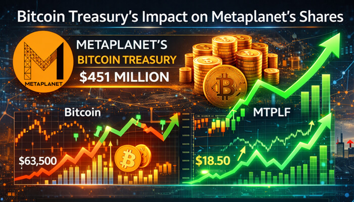 Bitcoin Treasurys Impact on Metaplanets Shares 1 - Incryptocoin Bitcoin’s impact on MTPLF stock, showing Metaplanet's Bitcoin treasury valued at $451 million and MTPLF stock at $18.50, reflecting Bitcoin's influence on stock performance.