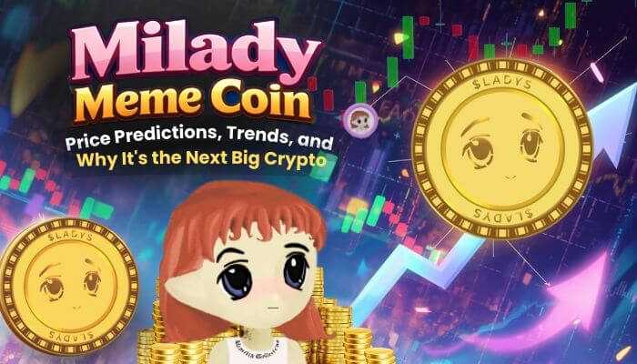 Milady Meme Coin price prediction concept art showing anime character, gold tokens, and bullish crypto charts indicating future growth trends