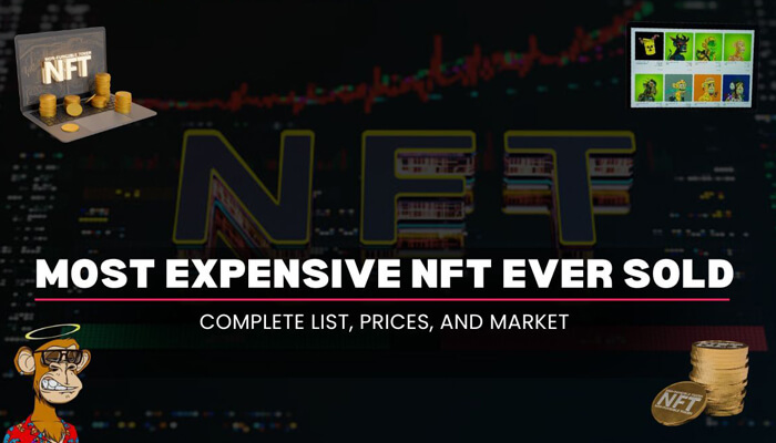 Most expensive NFT ever sold banner with digital market chart, NFT coins, and blockchain-themed background.