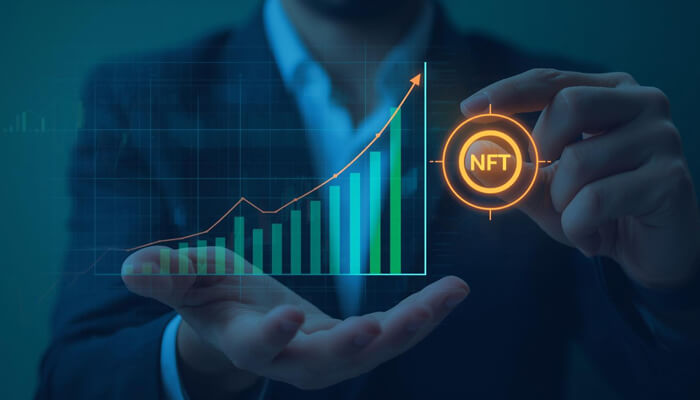 NFT experts today use their expertise to evaluate high-value NFTs 1 - Incryptocoin Businessman holding rising market chart symbolizing most expensive NFT price growth and digital asset investment trends.
