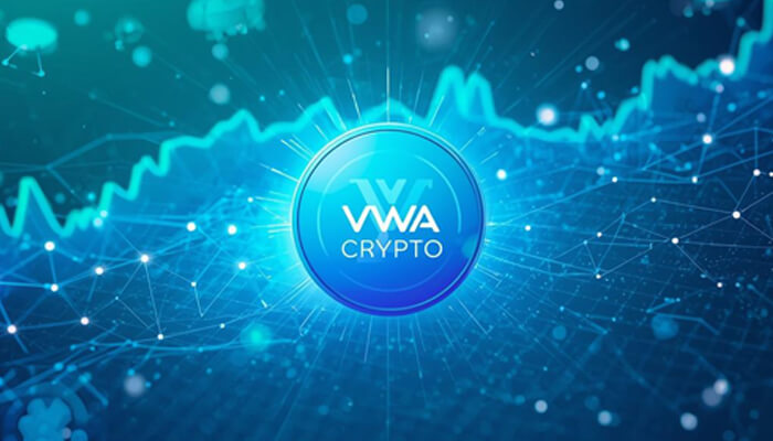 VWA Tokenomics 1 - Incryptocoin VWA Crypto logo with a glowing effect, surrounded by data points and a financial chart, illustrating the growth and investment potential of VWA Crypto.