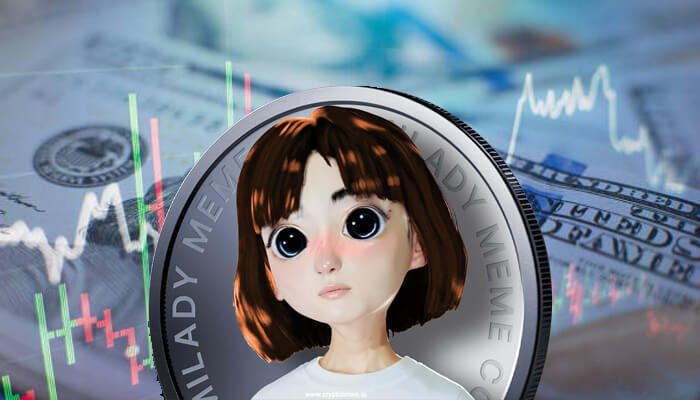 meme coin price 1 - Incryptocoin Milady Meme Coin silver token featuring anime mascot against USD dollar background and crypto price charts