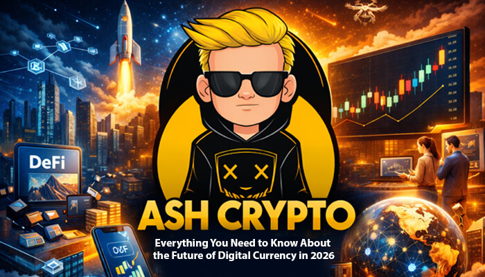 Ash Crypto logo with futuristic visuals representing the rise of DeFi and the growth of digital currency in 2026, highlighting key financial charts and the global crypto market.