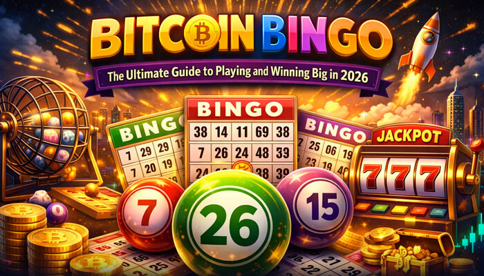 Bitcoin Bingo graphic with bingo cards, numbered balls, and a jackpot slot machine, highlighting the excitement of winning.