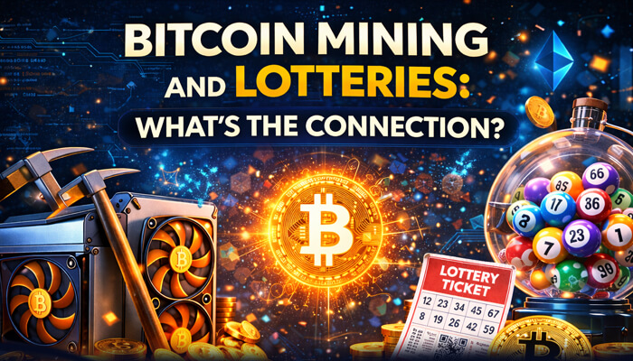 Bitcoin Mining and Lotteries Whats the Connection 1 - Incryptocoin Bitcoin mining and lotteries connection, featuring Bitcoin mining rigs and lottery balls with focus on Best Bitcoin Lottery Sites for crypto rewards.