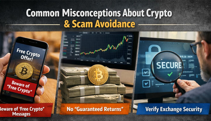 Common Misconceptions About Crypto and Scam Avoidance - In Crypto Coin - Incryptocoin Pedrovazpaulo Crypto Investment: Navigating common cryptocurrency misconceptions and scams. The image illustrates key warning signs, including free crypto offers, guaranteed returns, and verifying exchange security. It highlights essential strategies for avoiding scams in the crypto investment world, emphasizing the importance of skepticism and research in digital asset management.