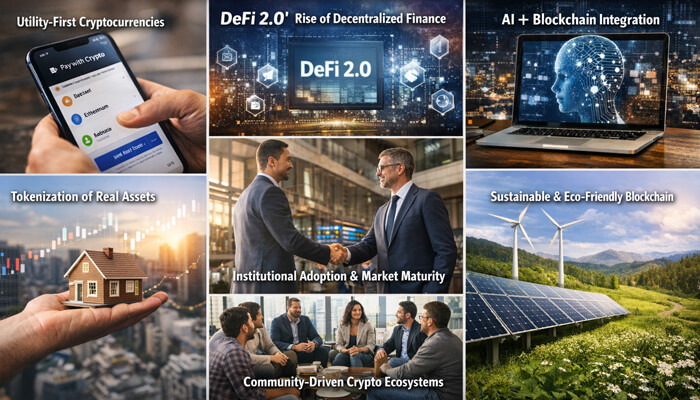 Core Roarcultable Crypto Trends from Riproar 1 - Incryptocoin Roarcultable Latest Crypto Trends from Riproar showcasing utility-first cryptocurrencies, DeFi 2.0, AI blockchain integration, tokenization of real-world assets, institutional adoption, community-driven ecosystems, and sustainable blockchain technology