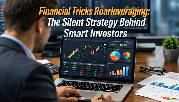 Financial Tricks Roarleveraging the silent strategy behind smart investors with stock market analysis, financial growth charts, and investment dashboard