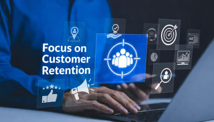 Focus on Customer Retention 1 - Incryptocoin Business Tips Robthecoins concept showing customer retention strategy with digital marketing icons and laptop workspace