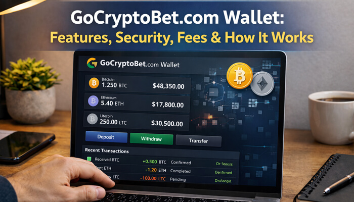GoCryptoBet.com Wallet dashboard displaying cryptocurrency balances, transactions, deposit and withdrawal features on a laptop interface