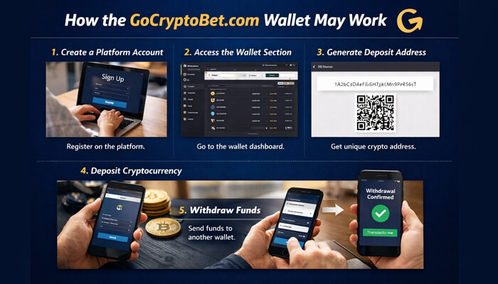 How the GoCryptoBet 1 - Incryptocoin GoCryptoBet.com Wallet process showing account creation, wallet access, deposit address generation, cryptocurrency deposit, and withdrawal steps