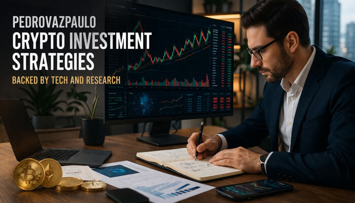 Pedrovazpaulo Crypto Investment Strategies Backed by Tech and Research - In Cryto Coin - Incryptocoin Pedrovazpaulo Crypto Investment Strategies: A detailed approach to cryptocurrency investment backed by technology and research. The image features a professional investor analyzing market charts on a screen, with Bitcoin and Ethereum coins on the desk, highlighting the integration of tech and data-driven strategies in 2026 crypto investments.