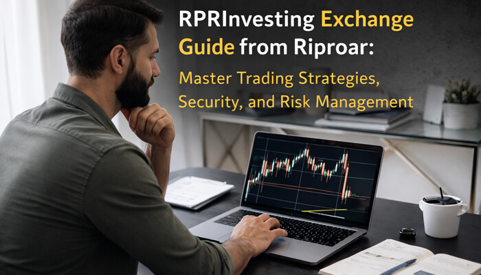 RPRInvesting Exchange Guide from Riproar trader analyzing cryptocurrency charts on laptop in modern workspace