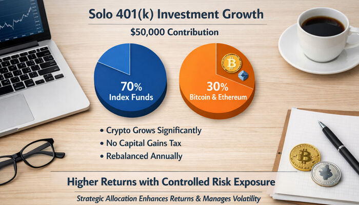 Real-World Example 1 - Incryptocoin Solo 401k Cryptocurrency investment growth chart showing index funds and Bitcoin allocation