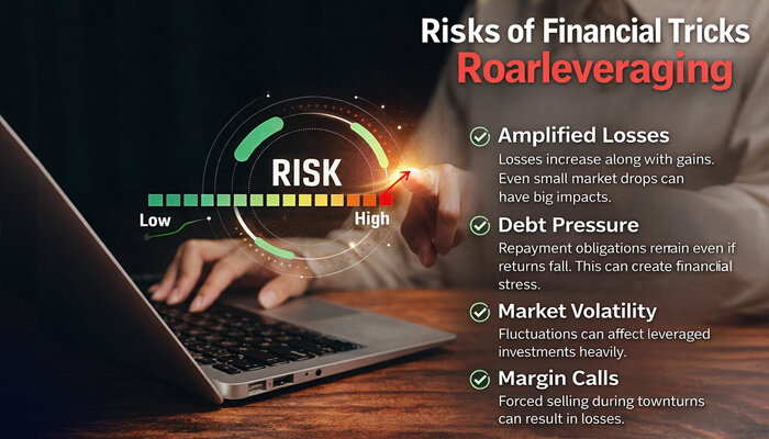 Risks of Financial Tricks Roarleveraging 1 - Incryptocoin Risks of Financial Tricks Roarleveraging showing amplified losses, debt pressure, market volatility, margin calls, and overleveraging in investment strategy