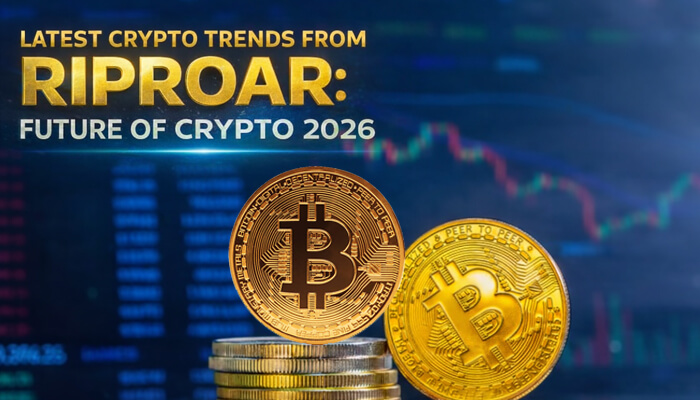 Roarcultable Latest Crypto Trends from Riproar future of crypto 2026 featuring Bitcoin coins with digital market chart representing growth, institutional adoption, and evolving crypto ecosystem