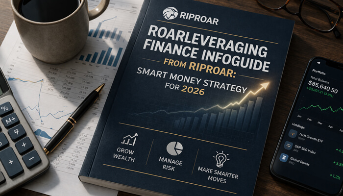 Roarleveraging Finance Infoguide from Riproar book cover showing smart money strategy, financial charts, and investment tools for wealth growth in 2026