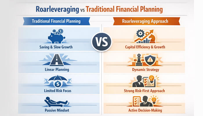 Roarleveraging vs Traditional Financial Planning 1 - Incryptocoin Roarleveraging Finance Infoguide from Riproar vs traditional financial planning comparison showing capital efficiency, dynamic strategy, and risk-first approach