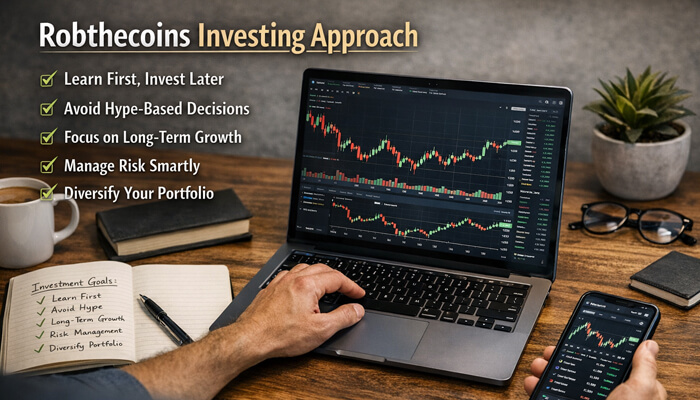 Robthecoins Investing Approach 1 - Incryptocoin Robthecoins investing approach showing crypto trading strategy, risk management, and long-term portfolio growth on laptop dashboard