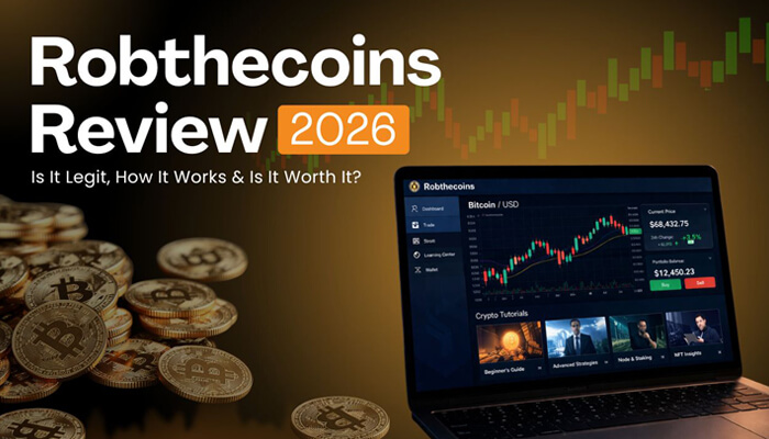 Robthecoins review 2026 dashboard displaying bitcoin trading charts, crypto tutorials, and platform features on laptop screen