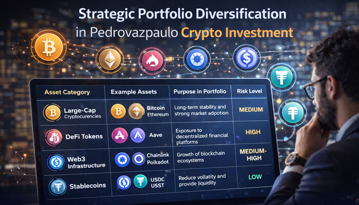 Strategic Portfolio Diversification in Pedrovazpaulo Crypto Investment 1 - Incryptocoin Strategic portfolio diversification in Pedrovazpaulo Crypto Investment showing Bitcoin, DeFi tokens, Web3 infrastructure and stablecoins allocation
