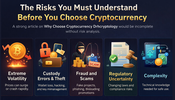 The Risks You Must Understand Before You Choose Cryptocurrency 1 - Incryptocoin Why Choose Cryptocurrency Drhcryptology risks including volatility, scams, security issues and regulatory uncertainty explained visually