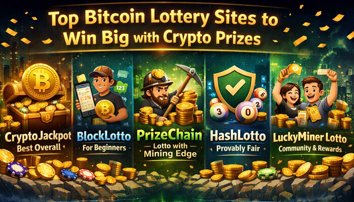 Top Bitcoin Lottery Sites to Win Big with Crypto Prizes 1 - Incryptocoin Best Bitcoin Lottery Sites to win big with crypto prizes, showcasing top platforms like CryptoJackpot, BlockLotto, PrizeChain, HashLotto, and LuckyMiner Lotto.