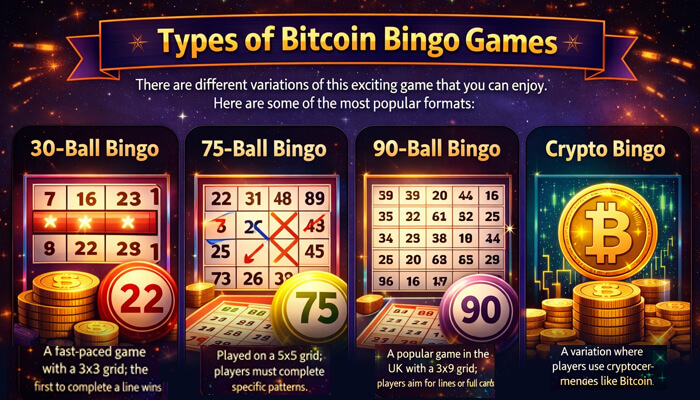 Types of Bitcoin Bingo Games 1 - Incryptocoin Infographic showing 30-Ball, 75-Ball, 90-Ball, and Bitcoin Bingo games with vibrant visuals and numbered balls.