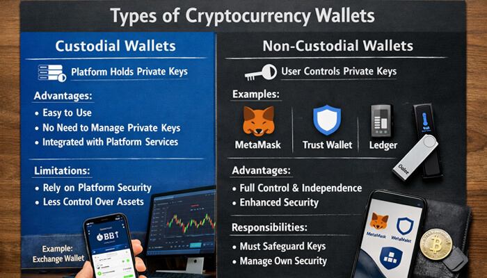 Types of Cryptocurrency Wallets 1 - Incryptocoin GoCryptoBet.com Wallet comparison showing custodial vs non-custodial cryptocurrency wallets with features, advantages, and security differences