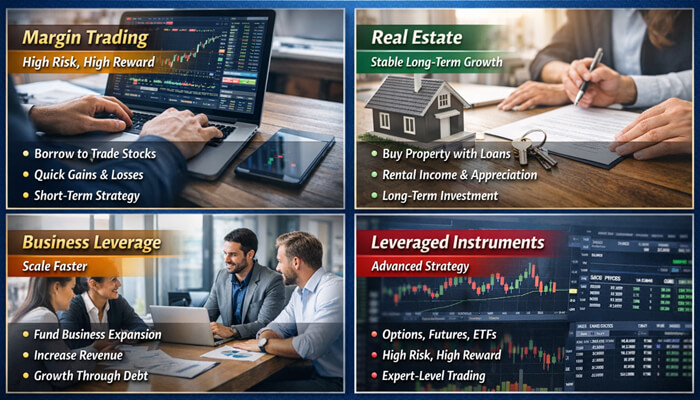Types of Financial Tricks Roarleveraging 1 - Incryptocoin Types of Financial Tricks Roarleveraging including margin trading, real estate leverage, business leverage, and leveraged instruments strategies explained visually