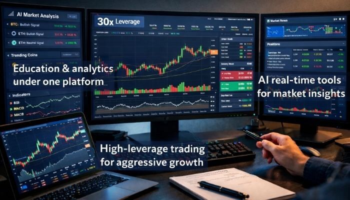 Advantages of Using Crypto 30xcom - Incryptocoin crypto 30x.com trading dashboard showing AI market analysis, real-time insights, and high-leverage trading tools