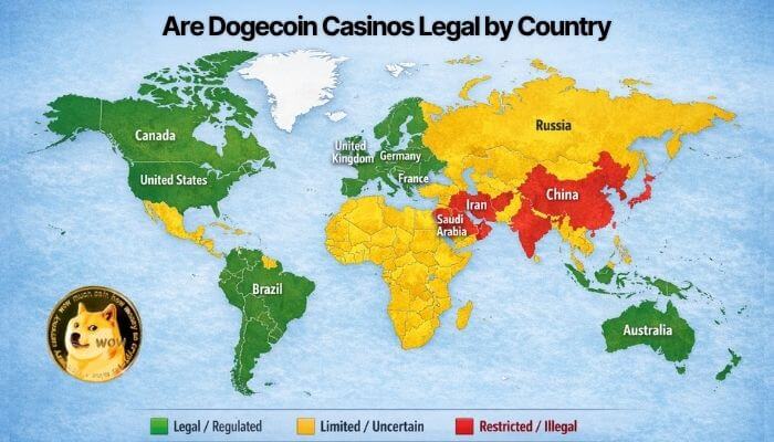Are Dogecoin Casinos Legal by Country 1 - Incryptocoin Popular Dogecoin Casinos legality map by country highlighting United States, United Kingdom, Europe, India, and global crypto gambling regulations