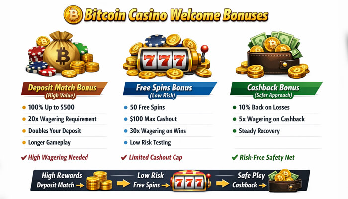 Best Bitcoin Casino Welcome Bonuses 2 - Incryptocoin Bitcoin Casino Welcome Bonus types comparison showing deposit match bonus, free spins bonus, and cashback bonus with wagering requirements and key features