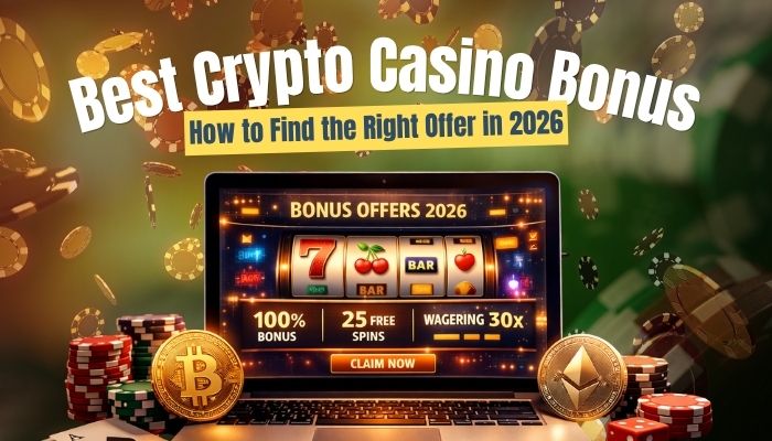 best crypto casino bonus 2026 illustration with bitcoin, ethereum and online casino bonus offers on laptop screen