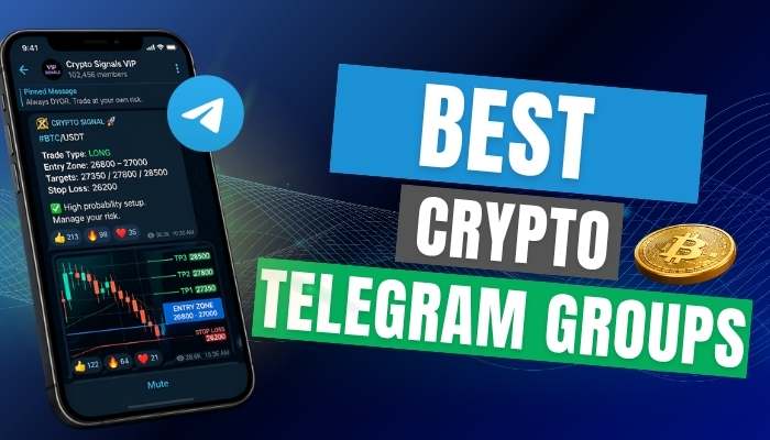 Best Crypto Telegram Groups banner with crypto signals chart, Telegram interface, and Bitcoin symbol