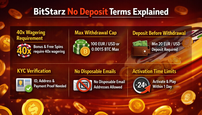 BitStarz No Deposit Terms Explained 1 - Incryptocoin BitStarz No Deposit terms explained including 40x wagering requirement withdrawal cap KYC verification and activation limits