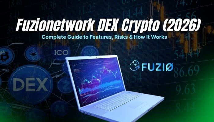 Fuzionetwork DEX Crypto 2026 complete guide showing DeFi trading dashboard and crypto market analysis on laptop