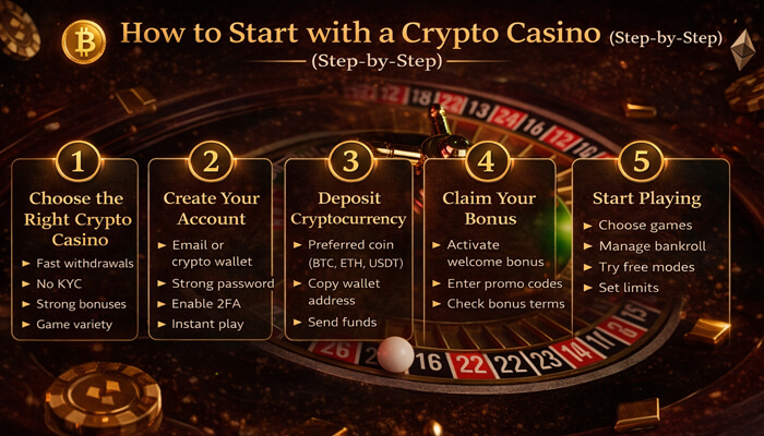 How to Start with a Crypto Casino 1 - Incryptocoin Crypto Casino Bitcoin.com step-by-step guide showing how to choose a casino, create account, deposit crypto, claim bonus, and start playing