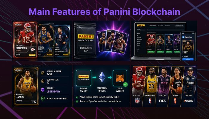 Main Features of Panini Blockchain 1 - Incryptocoin Panini Blockchain main features infographic showing NFT trading cards, pack drops, marketplace, and Ethereum bridge
