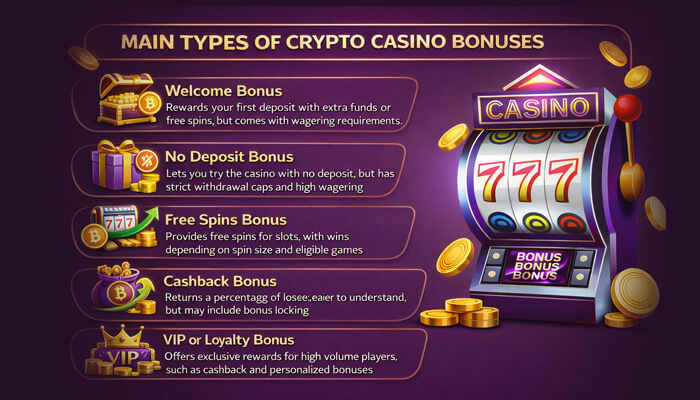 Main Types of Crypto Casino Bonuses 1 - Incryptocoin best crypto casino bonus types including welcome bonus, no deposit bonus, free spins, cashback and VIP rewards infographic