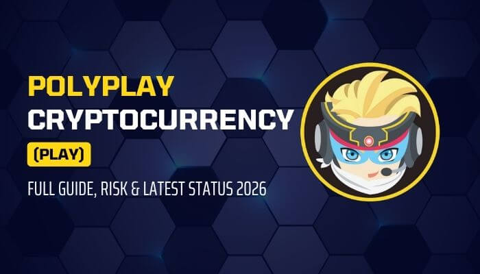 PolyPlay Cryptocurrency (PLAY) gaming token overview with logo and 2026 status guide highlighting risks and project details