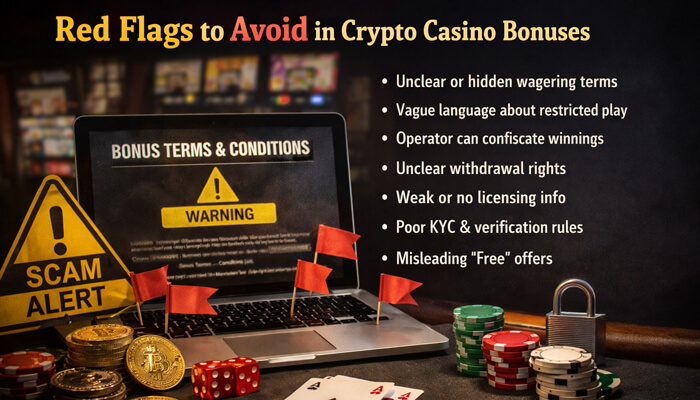 Red Flags to Avoid - Incryptocoin best crypto casino bonus red flags warning including unclear wagering terms, KYC issues and scam alerts in crypto gambling