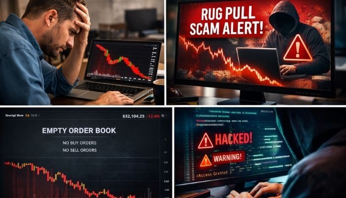 Risks of Crypto Presales You Should Know 1 - Incryptocoin Best Crypto Presales risks including rug pull scams price crashes low liquidity and hacking threats