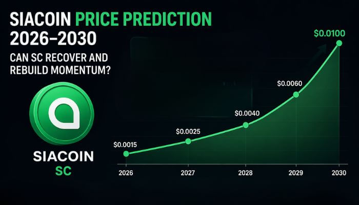 Siacoin Price Predictions 2026–2030 infographic showing projected growth trend, price targets, and recovery outlook with upward chart movement and key adoption factors.