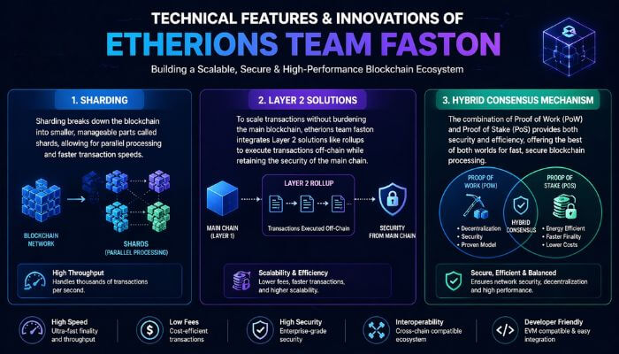 Technical Features and Innovations of Etherions Team Faston 1 - Incryptocoin Futuristic logo design of etherions team faston representing high-performance blockchain innovation and decentralized technology ecosystem
